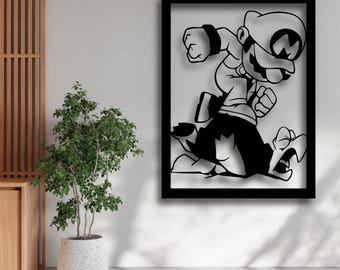 Marco de acción de Mario Punch para pared SVG, silueta de héroe retro cortada a láser, archivo STL, acción arcade DXF AI CDR PDF SVG, decoración de juegos CNC digital