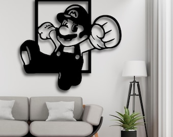 Arte mural de Mario saltando SVG, silueta de juego retro, archivo STL cortado con láser, héroe arcade DXF AI CDR PDF SVG, decoración dinámica para juegos, descarga digital