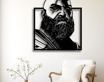 Arte mural SVG de silueta de Kratos, Dios de la Guerra, archivo STL de corte láser de guerrero espartano, Rage Fighter DXF AI CDR PDF SVG, descarga de decoración de juegos CNC