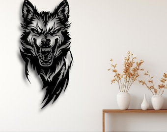 Arte mural de lobo salvaje SVG, archivo STL de silueta de alfa feroz, depredador furioso DXF AI CDR PDF SVG, decoración de animales salvajes lista para descarga digital