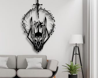 Arte mural con la espada de Sauron e Isildur en formato SVG, archivo STL de silueta del Monte del Destino, El Señor de los Anillos (DXF, Ai, CDR, PDF), descarga de decoración épica de batalla final en CNC