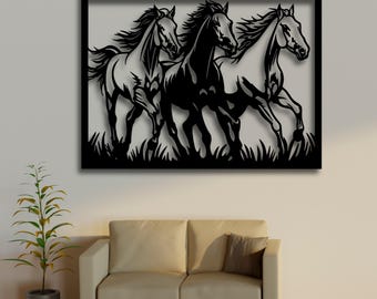 Arte mural de caballos salvajes SVG, silueta de semental corriendo, archivo STL cortado con láser, Freedom Ranch DXF AI CDR PDF SVG, decoración ecuestre del oeste CNC