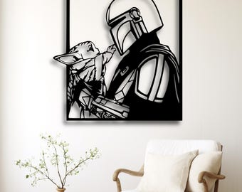 Arte mural mandaloriano Grogu SVG, silueta de ciencia ficción, archivo STL cortado con láser, Star Warrior DXF AI CDR PDF SVG, decoración espacial CNC, descarga digital