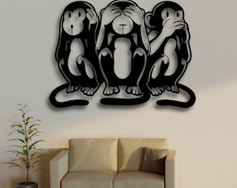 Arte mural SVG con silueta de los Tres Monos Sabios, archivo STL de corte láser "No ver el mal", DXF, AI, CDR, PDF y SVG "No oír ni hablar el mal", descarga de decoración moderna CNC