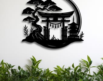 Arte mural con paisaje de puerta torii japonesa SVG, archivo de corte láser de luna de bonsái STL, pagoda zen DXF AI CDR PDF SVG, decoración oriental CNC digital