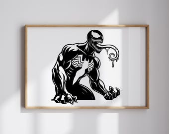 Arte mural SVG de Venom, archivo STL de silueta de simbionte de Marvel, villano araña DXF AI CDR PDF, decoración de monstruo musculoso, descarga digital lista para CNC