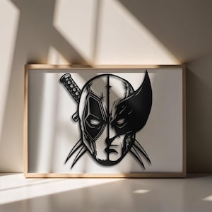 Może przedstawiać: Czarno-białe metalowe dzieło sztuki przedstawiające podzieloną twarz. Jedna strona przedstawia maskę Deadpoola, druga Wolverine'a. Katana znajduje się za głową Deadpoola, a szpony Wolverine'a są widoczne.