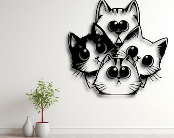Arte de pared de gatos lindos SVG, silueta de gatito de dibujos animados, archivo STL, decoración divertida para mascotas DXF, AI, CDR, PDF y SVG, descarga digital lista para amantes de los gatos