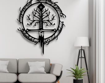 El Señor de los Anillos: Espada y Gondor: Árbol de pared SVG, Andúril: Fantasía: Silueta STL, DXF, Ai, CDR, PDF, Archivo digital de corte láser, Decoración de la Tierra Media