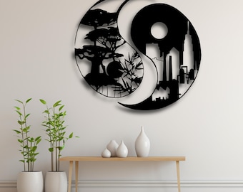 Yin Yang Nature City Wall Art SVG, Balance Silhouette STL File, Zen Harmony Decor DXF Ai Cdr Pdf Svg, Urban Wilderness Cnc Ready Download