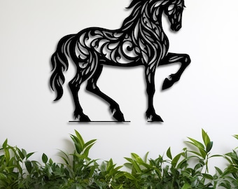 Silueta de caballo ornamental para pared (SVG), archivo STL para corte láser de caballo decorativo, archivos DXF, AI, CDR, PDF y SVG de animales florales, descarga digital de naturaleza para CNC.
