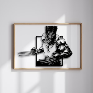 May include: Black and white metal wall art of a superhero figure with claws extended. The artwork is framed in a light wood frame and mounted on a white wall. The superhero is wearing a tank top.