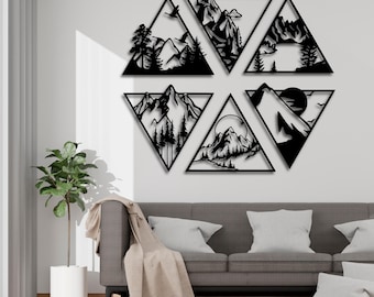 Conjunto de archivos SVG para arte mural de triángulos con paisaje de montaña, archivo STL para corte láser de escena natural, archivos DXF, AI, CDR, PDF y SVG de picos forestales, decoración geométrica de montaña para CNC.