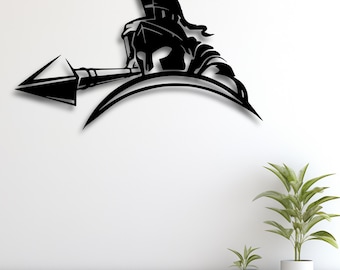 Arte mural de guerrero espartano SVG, silueta de lanza de Leónidas, archivo STL, luchador griego antiguo DXF AI CDR PDF SVG, decoración de batalla CNC, descarga