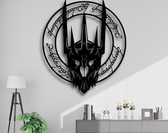 Arte mural de Sauron con el Anillo Único SVG, archivo STL del casco del Señor Oscuro, inscripción de El Señor de los Anillos DXF AI CDR PDF SVG, descarga de decoración de fantasía de Mordor CNC