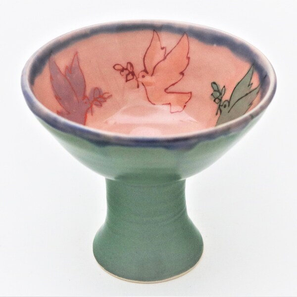 Decorative Ceramic Pedestal Bowl With Hand Painted  Birds Of Peace