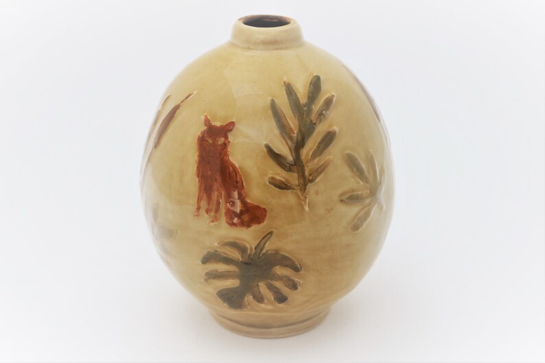 Pottery Stoneware Bottle with Colorful Hand Painted Fox in the Bushes