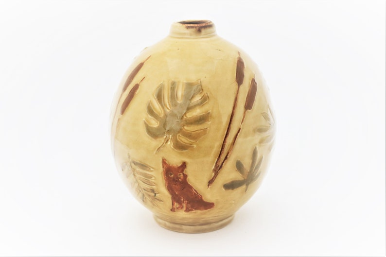 Pottery Stoneware Bottle with Colorful Hand Painted Fox in the Bushes