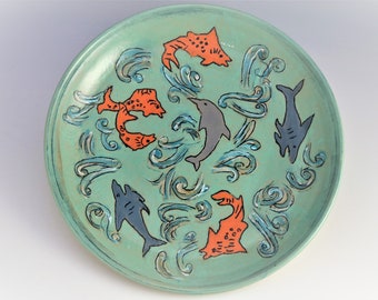 Ceramic Plate Hand Decorated With Seascape of Swimming Fish