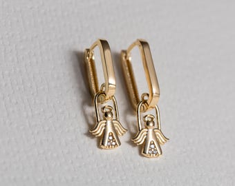 Minimal Gold Angel Huggie Earrings, Tiny Guardian Angel Charm Hoops, Dainty CZ Gold Earrings, Spiritual Protection Jewelry, Gift for Her
