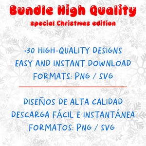 May include: A digital graphic design bundle with the text "Bundle High Quality" in red, "special Christmas edition" in red, and "+30 HIGH-QUALITY DESIGNS" in blue. The image also includes the phrases "EASY AND INSTANT DOWNLOAD" and "FORMATS: PNG / SVG".