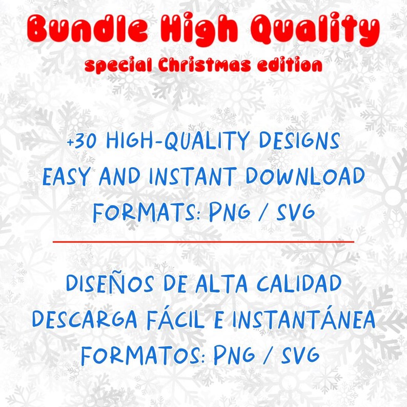 May include: A digital graphic design bundle with the text "Bundle High Quality" in red, "special Christmas edition" in red, and "+30 HIGH-QUALITY DESIGNS" in blue. The image also includes the phrases "EASY AND INSTANT DOWNLOAD" and "FORMATS: PNG / SVG".