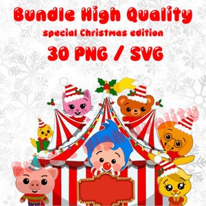 May include: A festive digital graphic featuring a circus tent with red and white stripes, surrounded by cartoon characters in Santa hats. The text reads "Bundle High Quality special Christmas edition 30 PNG / SVG".