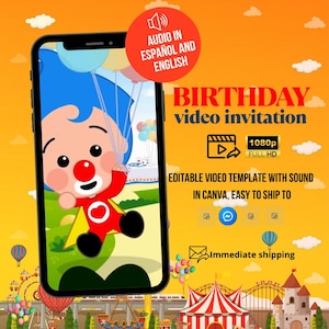 Pode incluir: Um convite em vídeo de aniversário é exibido em um smartphone. Apresenta um personagem de desenho animado com balões. O texto diz "BIRTHDAY video invitation" e "EDITABLE VIDEO TEMPLATE WITH SOUND IN CANVA". Tema de circo colorido.