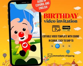 Animierte Plim Plim Clown-Geburtstagseinladung, digitale Plim Plim-Einladung, Plim Plim-Einladung zum ersten Geburtstag | Bearbeitbare Canva-Datei