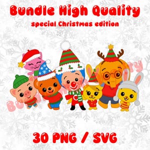 May include: A digital graphic bundle with cartoon characters in Christmas attire. The image includes a pig, bear, clown, elephant, cat, and two bunnies, all wearing festive hats and outfits. Text at the top reads "Bundle High Quality, special Christmas edition".
