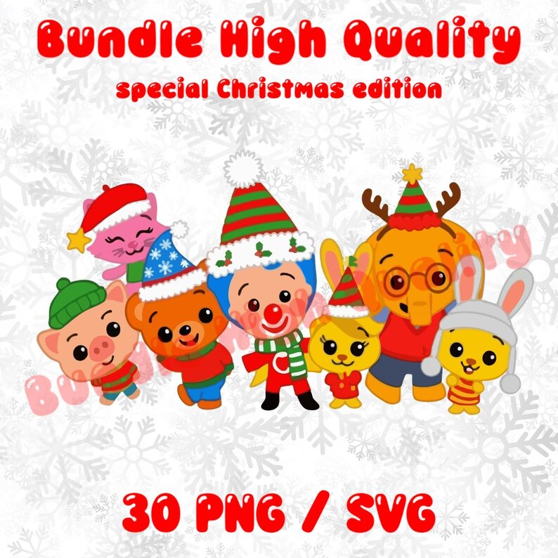 May include: A digital graphic bundle with cartoon characters in Christmas attire. The image includes a pig, bear, clown, elephant, cat, and two bunnies, all wearing festive hats and outfits. Text at the top reads "Bundle High Quality, special Christmas edition".