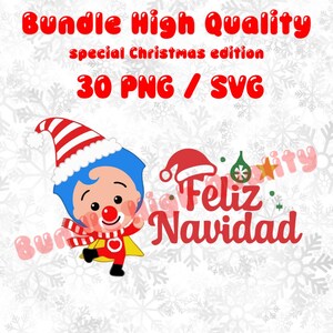 May include: A digital graphic bundle with the text "Bundle High Quality" and "special Christmas edition". The image features a cartoon character in a Santa hat and the words "Feliz Navidad". Includes 30 PNG / SVG files.