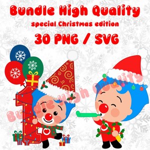 May include: A digital graphic bundle with the text "Bundle High Quality" and "special Christmas edition". The image features two cartoon characters in Santa hats, with balloons, gifts, and the number 1. The image also includes the text "30 PNG / SVG".