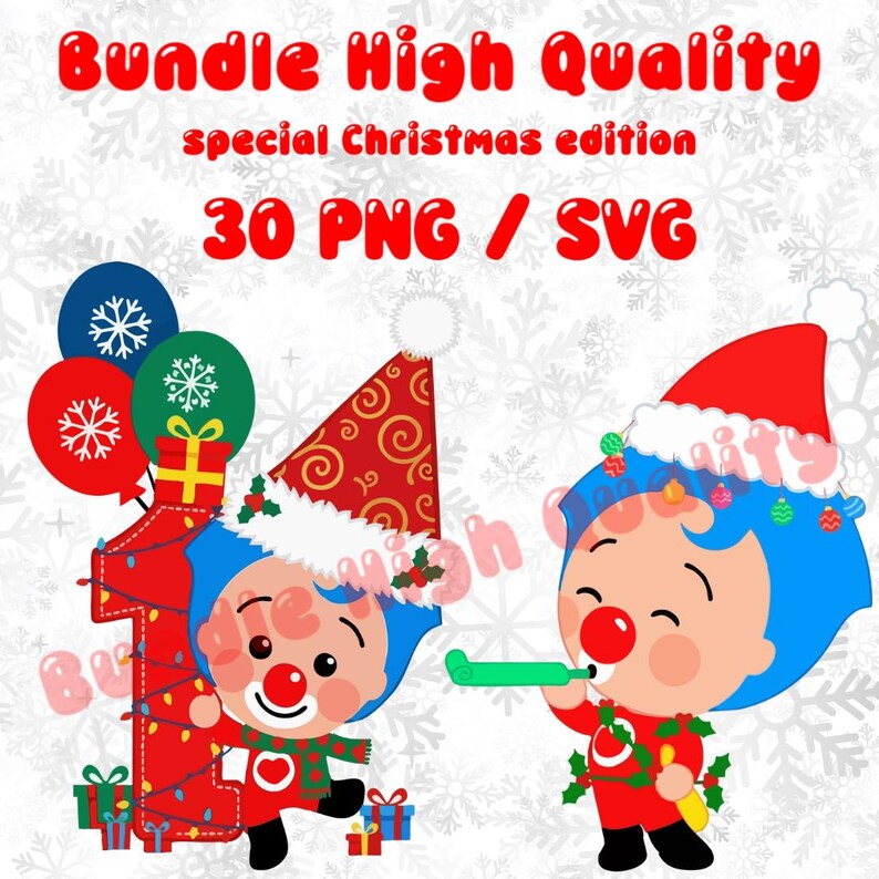 May include: A digital graphic bundle with the text "Bundle High Quality" and "special Christmas edition". The image features two cartoon characters in Santa hats, with balloons, gifts, and the number 1. The image also includes the text "30 PNG / SVG".