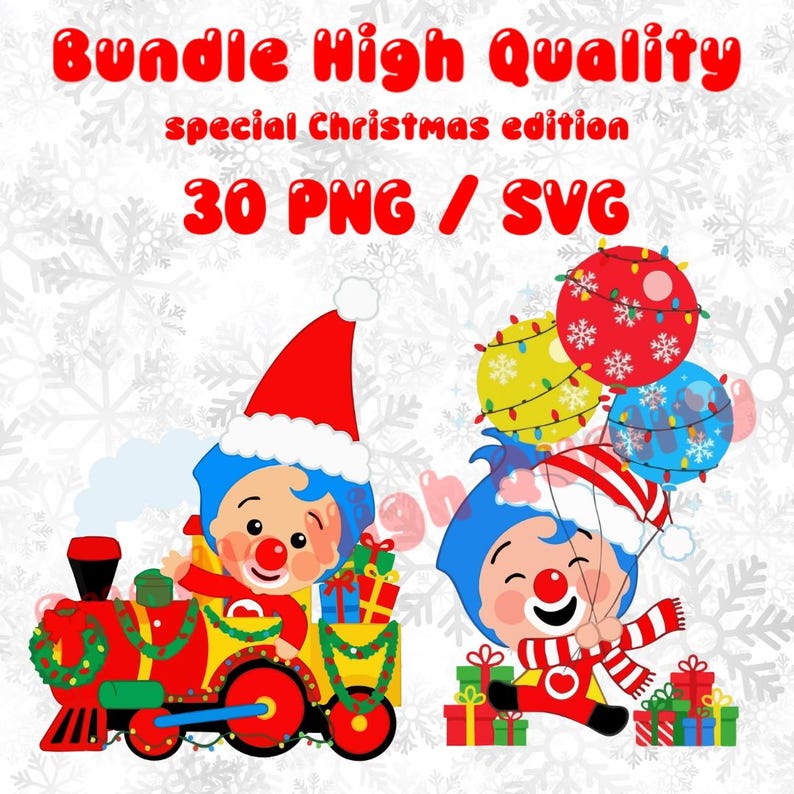 May include: A digital Christmas-themed bundle with cartoon characters. The image features a clown driving a red and yellow train and another clown holding balloons. Text at the top reads "Bundle High Quality" and "special Christmas edition".