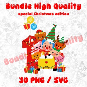 May include: A digital graphic featuring a red number one with Christmas lights, surrounded by cartoon characters in festive hats. The text reads "Bundle High Quality special Christmas edition" and "30 PNG / SVG". Balloons and gift boxes are also included.