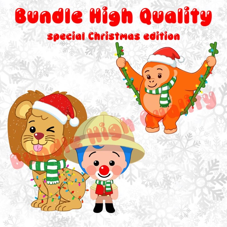 May include: A digital illustration featuring a lion, an orangutan, and a cartoon character, all adorned with Christmas hats and scarves. The lion and orangutan are decorated with string lights. Text at the top reads "Bundle High Quality special Christmas edition."