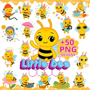 Puede incluir: Ilustración colorida de abejas de dibujos animados en varias poses. Las abejas son amarillas y negras, con caras sonrientes y decoraciones florales. Incluye el texto "Little Bee" y "+50 PNG Designs".