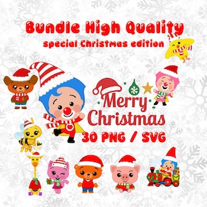 Puede incluir: Un paquete gráfico digital con temática navideña. La imagen presenta personajes de dibujos animados, incluyendo un payaso, un oso, un cerdo y una abeja, todos con gorros de Papá Noel. El texto incluye "Bundle High Quality", "special Christmas edition" y "Merry Christmas".