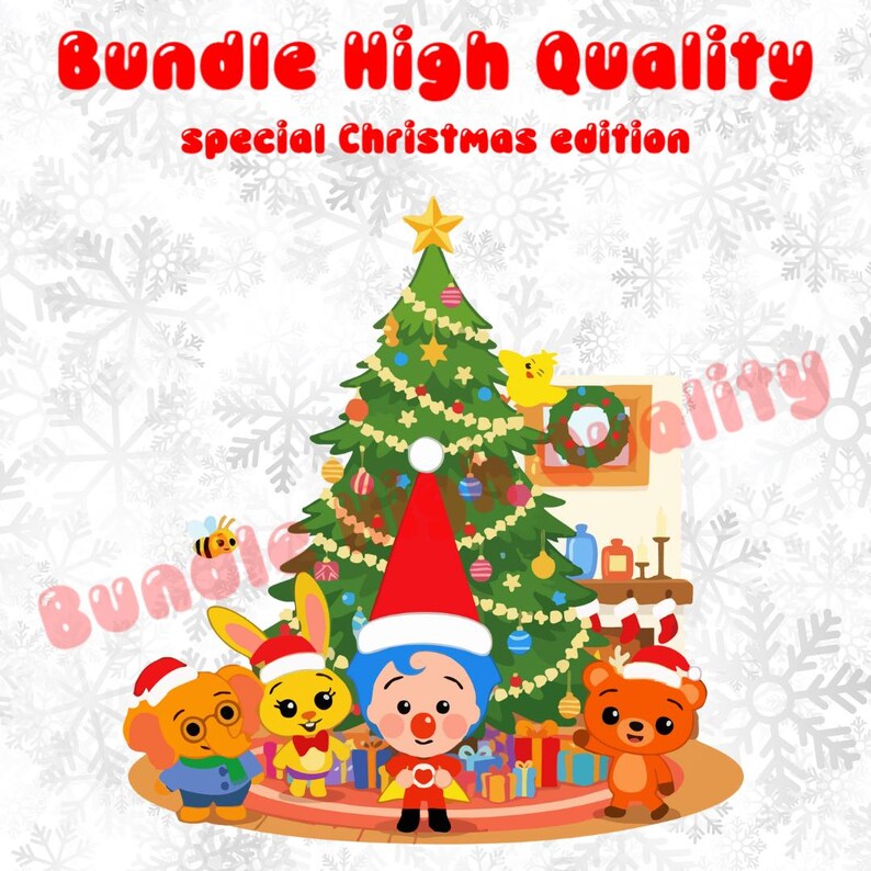 May include: A festive Christmas-themed illustration featuring a decorated Christmas tree with ornaments and a star topper. Several cartoon characters in Santa hats stand in front of the tree. The text "Bundle High Quality special Christmas edition" is displayed at the top.