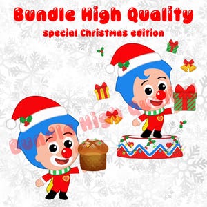 May include: A festive illustration featuring two cartoon characters in Santa hats, red suits, and clown noses. The image includes gift boxes, bells, and the text "Bundle High Quality special Christmas edition."