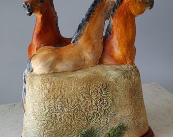 Cave horse sculpture. Trio Cave Horses, unique sculpture inspired from the cave drawings/paintings in the Lascaux cave in France.