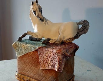 Hand-Painted Arabian Mare Clay Sculpture: Equine Art Decor