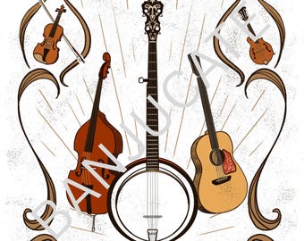 Bluegrass - Banjo, Mandolin, Guitar, Bass, Fiddle - Musical Instruments - Digital Frame