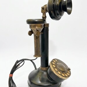 Vintage Telephone Black Gold Rotary Candlestick Phone, Antique Brass Decor image 12