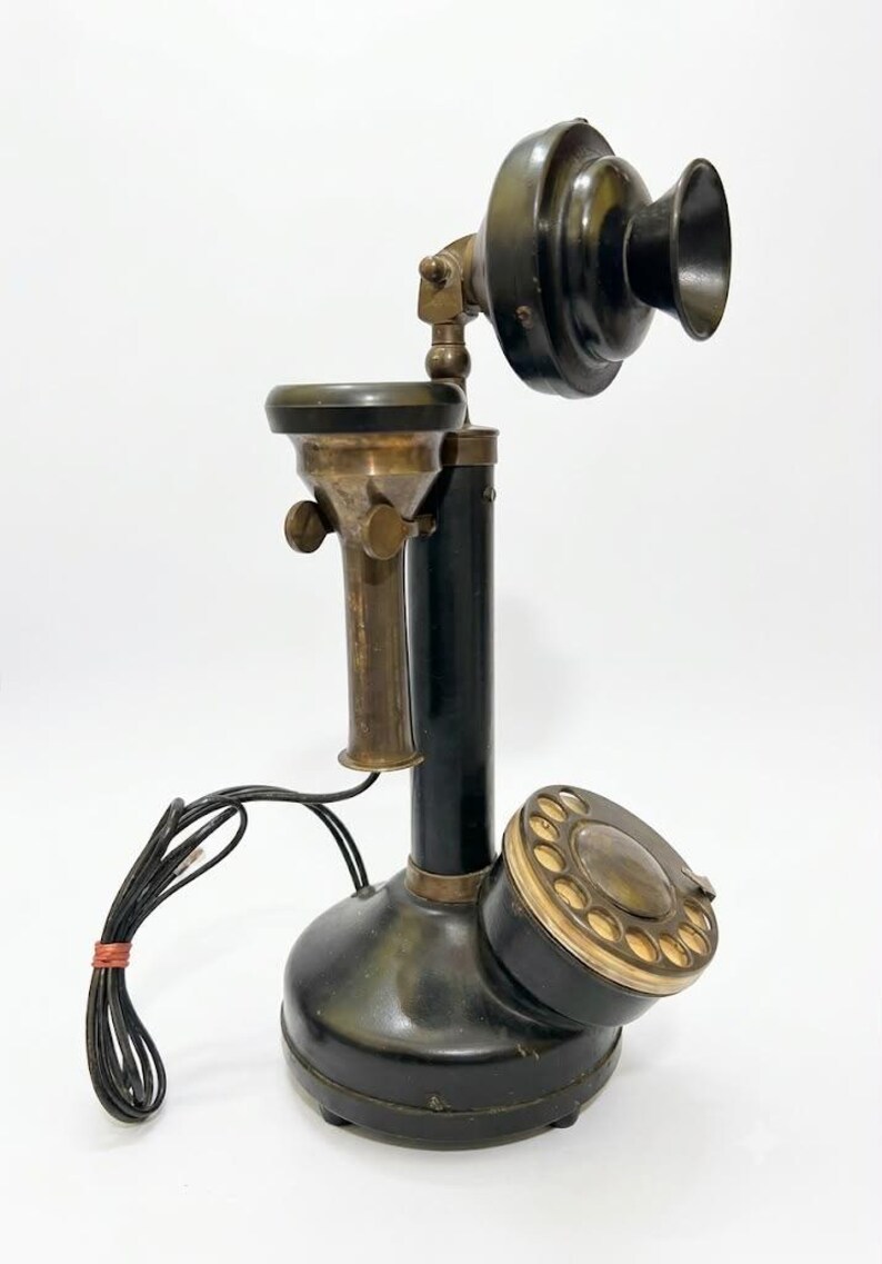 Vintage Telephone Black Gold Rotary Candlestick Phone, Antique Brass Decor image 12