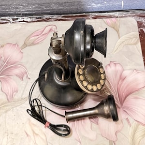 Vintage Telephone Black Gold Rotary Candlestick Phone, Antique Brass Decor image 16