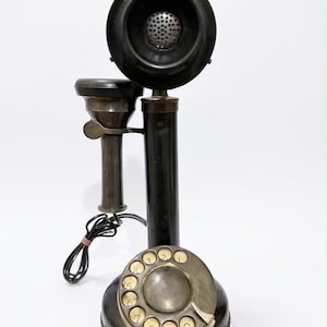 Vintage Telephone Black Gold Rotary Candlestick Phone, Antique Brass Decor image 7