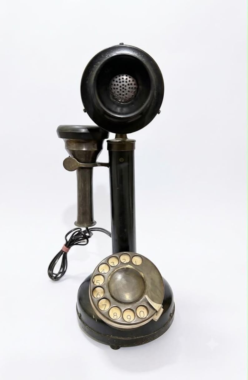 Vintage Telephone Black Gold Rotary Candlestick Phone, Antique Brass Decor image 7