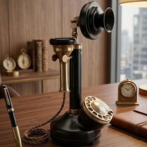 May include: A vintage-style candlestick telephone featuring a black base and vertical column, a brass-toned mouthpiece, and a black earpiece. The device includes a circular brass rotary dial and a braided brown cord connecting the components.